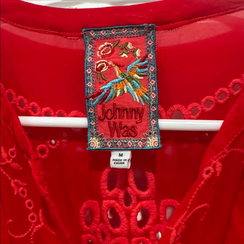 JOHNNY WAS XANTHOS RAE BLOUSE Embroidered Frilly Eyelet Red Sz Medium - Picture 5 of 13